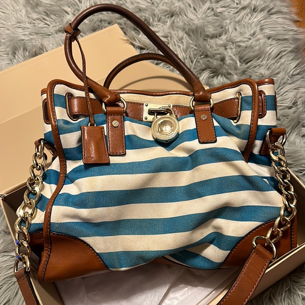 Michael Michael Kors Blue and White Striped Leather Trim Hamilton Should…